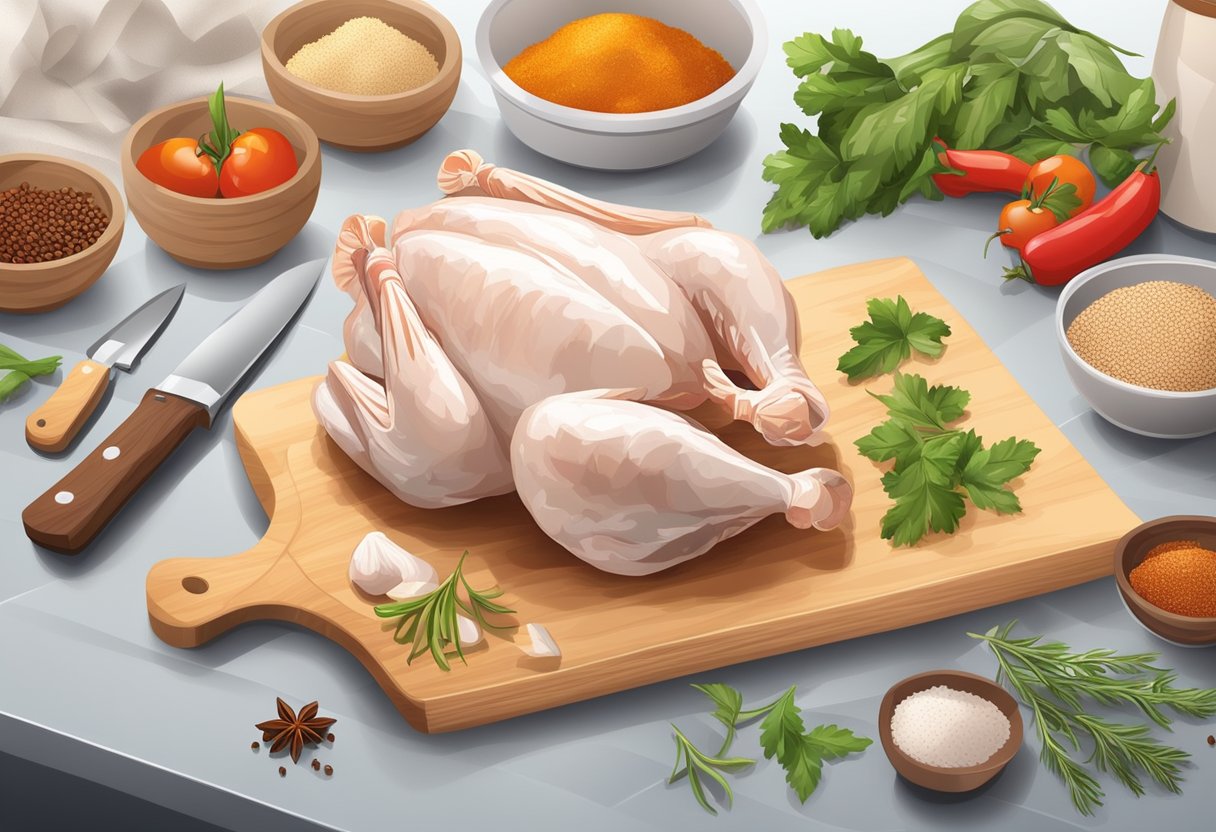 A kitchen counter with a package of frozen chicken, a cutting board, knife, and various spices and ingredients for safe and tasty cooking