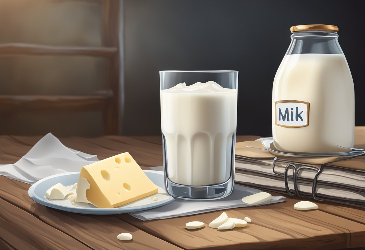 A glass of milk sits on a rustic wooden table, surrounded by fresh dairy products and a calendar marking the expiration date