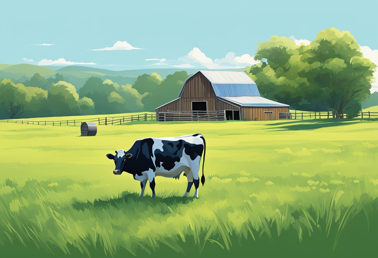 A cow grazing in a lush green pasture, with a barn in the background and a clear blue sky above