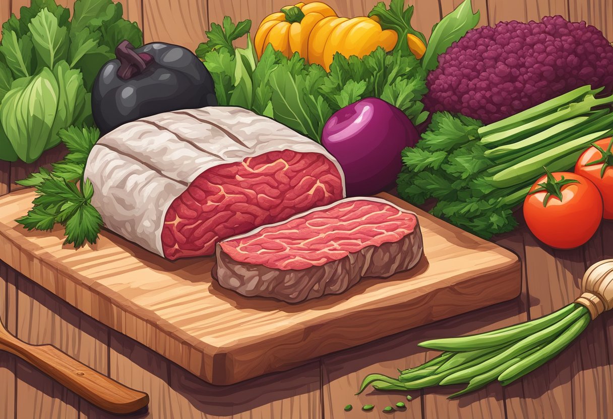 A package of fresh ground beef sits on a wooden cutting board, surrounded by vibrant green herbs and colorful vegetables