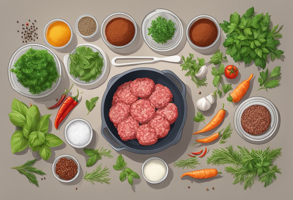 A kitchen counter with raw ground meat in a sealed container, surrounded by fresh herbs and spices