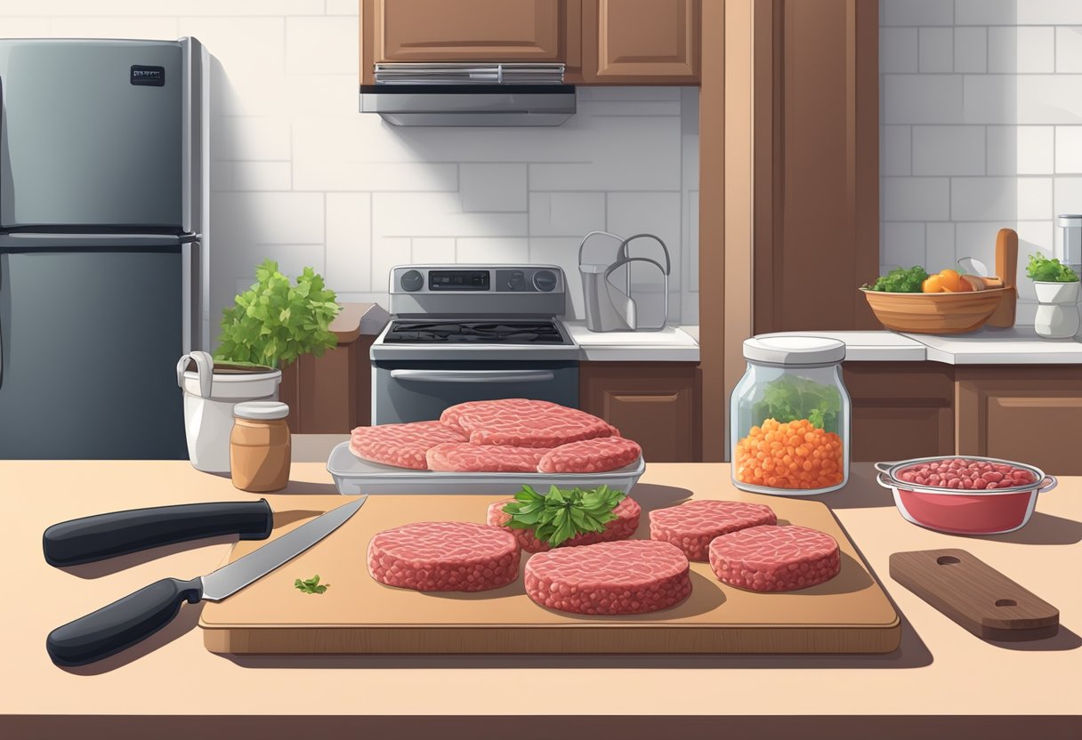 A kitchen counter with raw ground meat, a cutting board, and a knife. A refrigerator in the background with labeled containers for storing meat