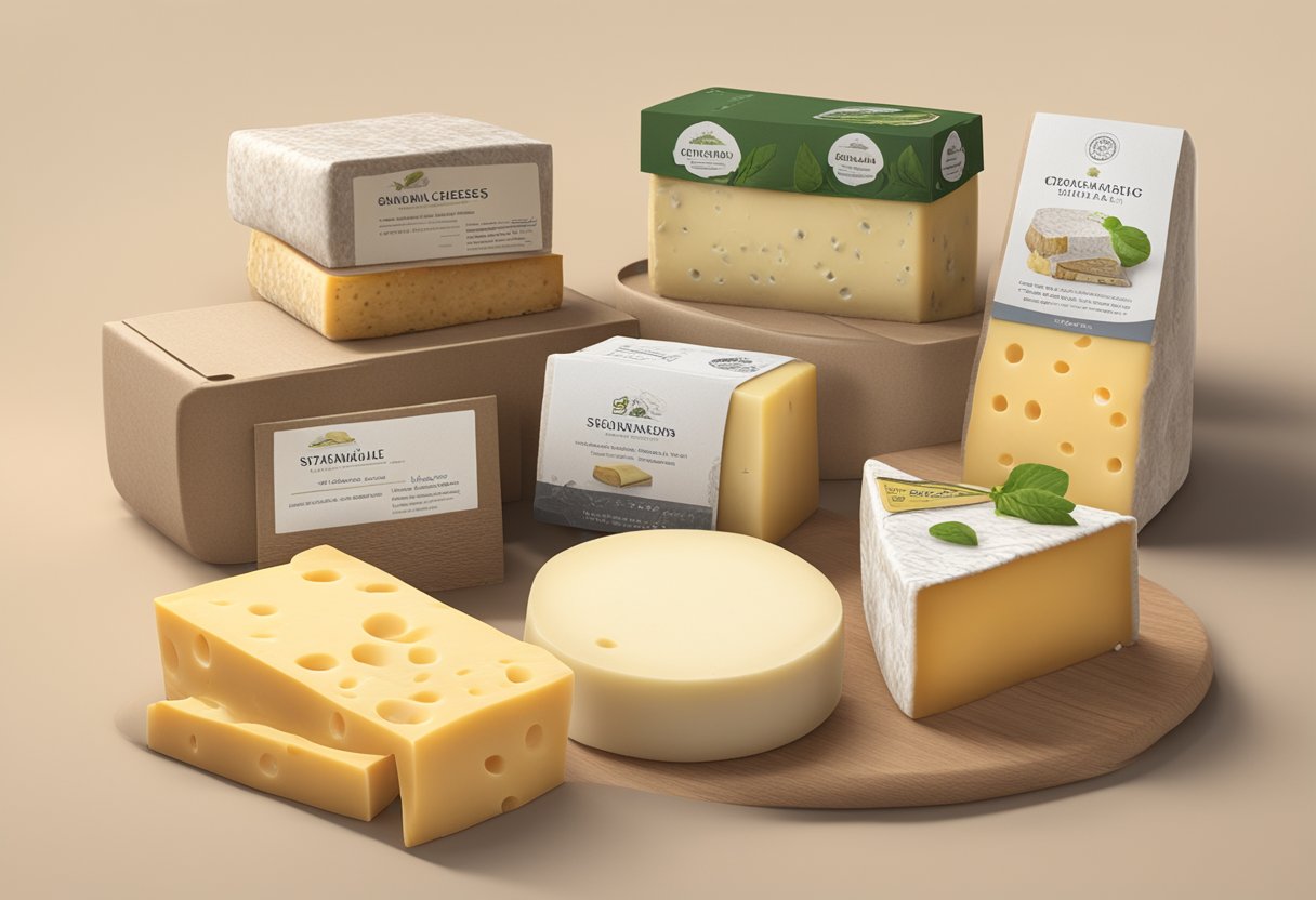 A display of various cheeses in sustainable packaging, with labels and presentation materials