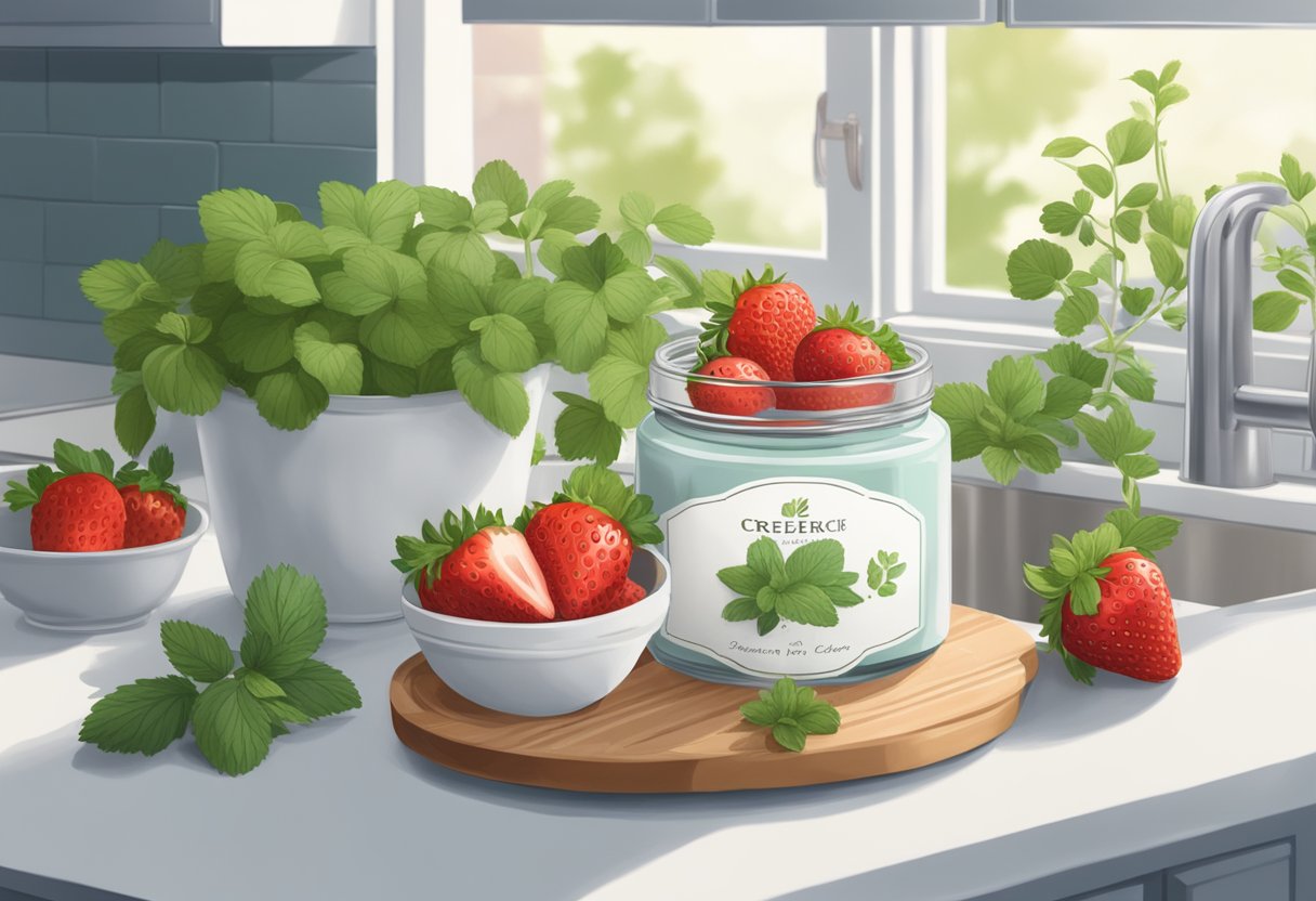 A jar of Crème Fraiche sits on a kitchen counter, surrounded by fresh herbs and a bowl of ripe strawberries