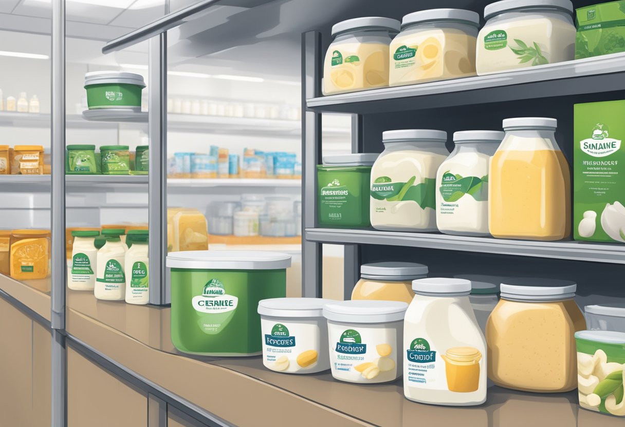 A jar of creme fraiche sits on a shelf next to other dairy products, with a label indicating its sustainability and storage guidelines