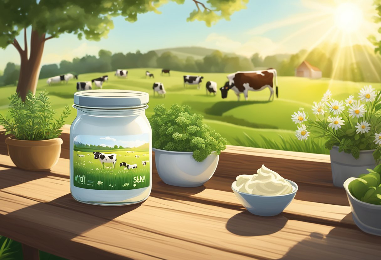 A jar of creme fraiche sits on a wooden table surrounded by fresh herbs and dairy cows grazing in a lush, green pasture. The sun shines down on the scene, highlighting the natural beauty and sustainability of the product