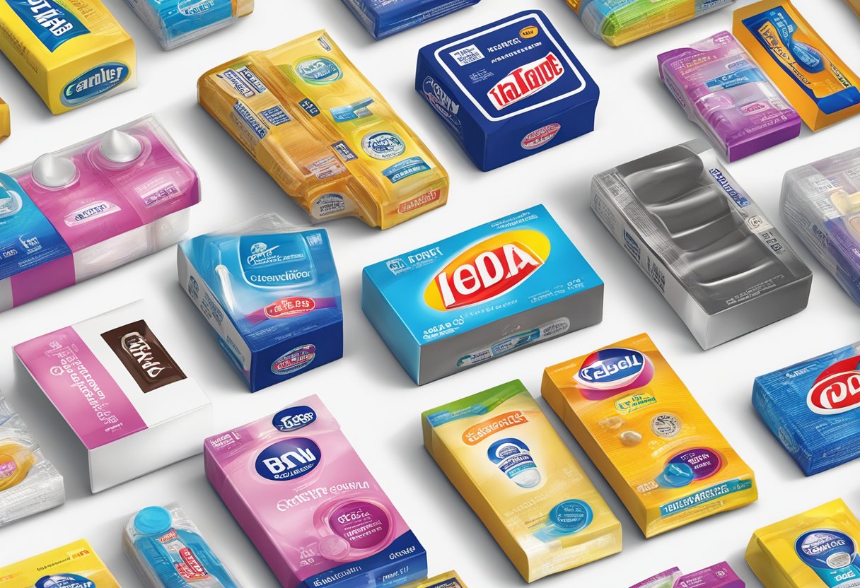 A table with various condom brands and packaging, alongside safety and effectiveness labels