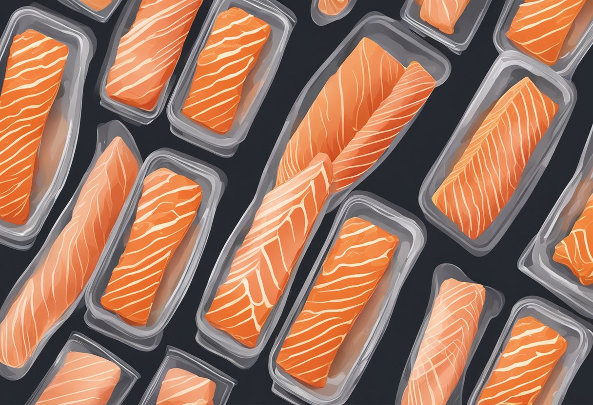 A cooked salmon fillet stored in a sealed container in the refrigerator