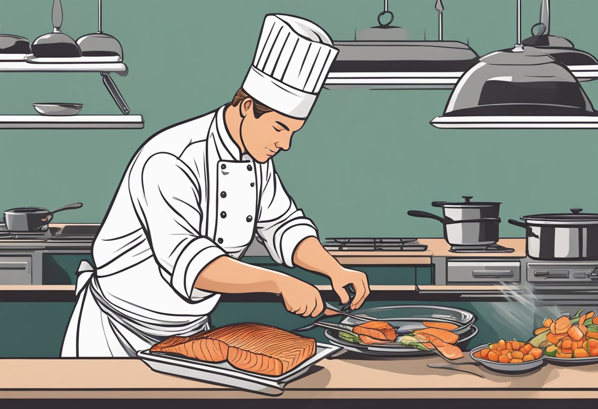 A chef prepares and finishes a cooked salmon dish for long-lasting sustainability