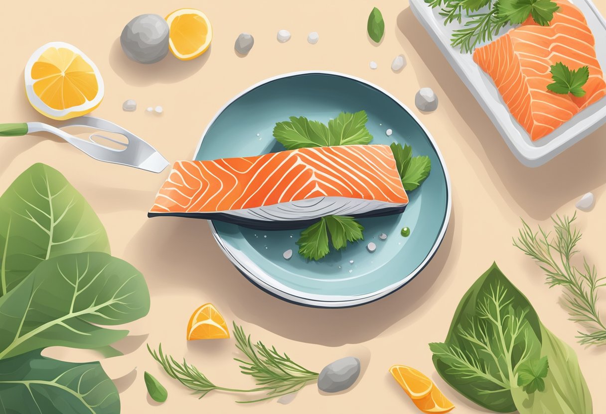 A fresh salmon fillet being sustainably prepared with healthy ingredients, surrounded by a clean and natural environment