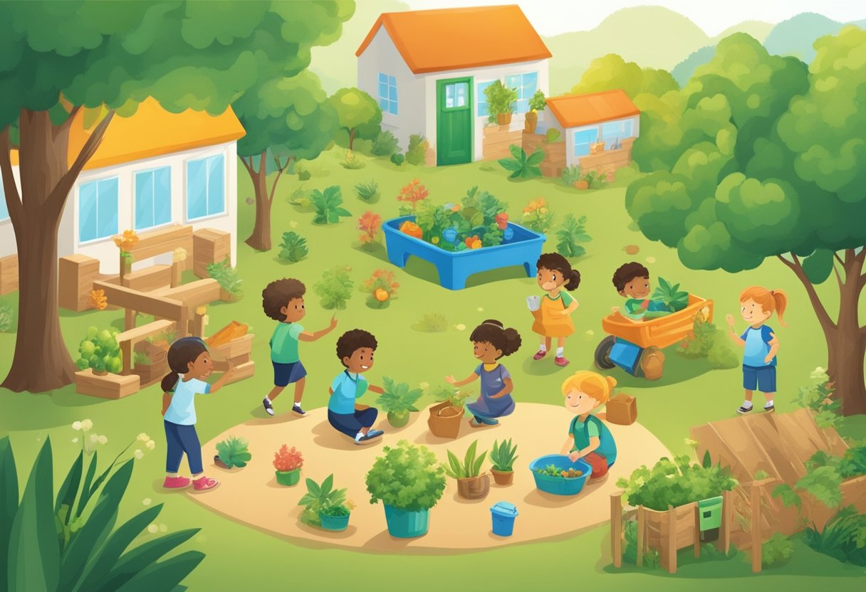 A sustainable preschool environment with natural elements like trees, plants, and recycling bins. Children playing with eco-friendly toys and learning about environmental conservation