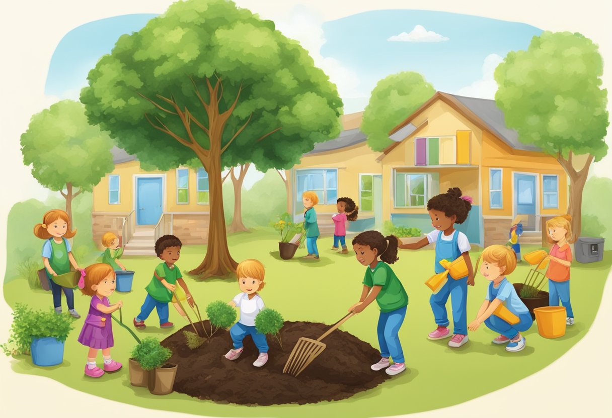 Children planting trees and recycling at a sustainable preschool