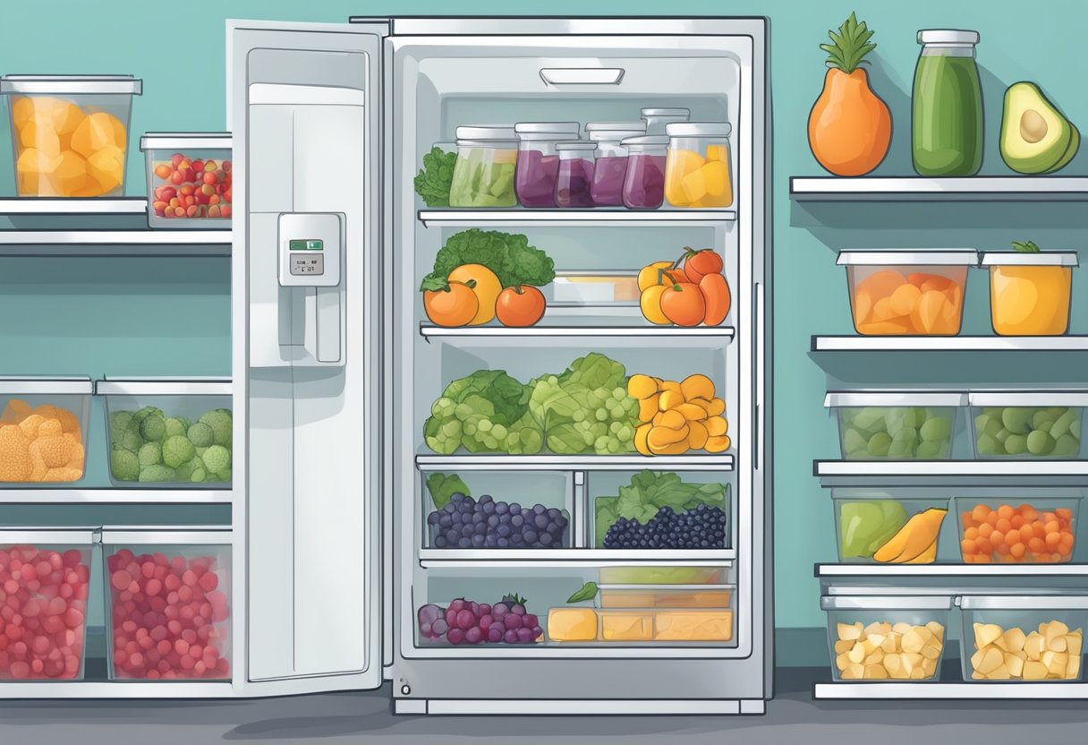 A neatly organized freezer with labeled, reusable containers of frozen fruits, vegetables, and homemade meals. A thermometer displays the ideal temperature for long-term food storage