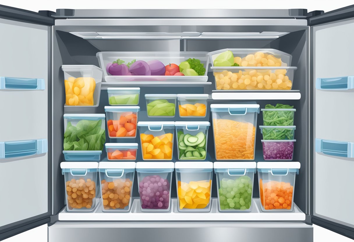 A well-organized freezer with labeled, reusable containers holding neatly stacked, portioned food items to minimize waste and promote sustainable consumption