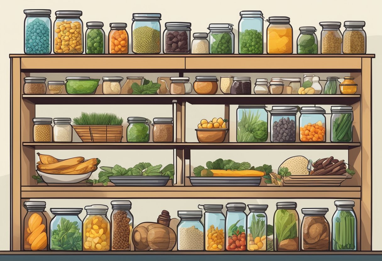 A shelf with various preserved food items and containers, surrounded by symbols of sustainability and conservation