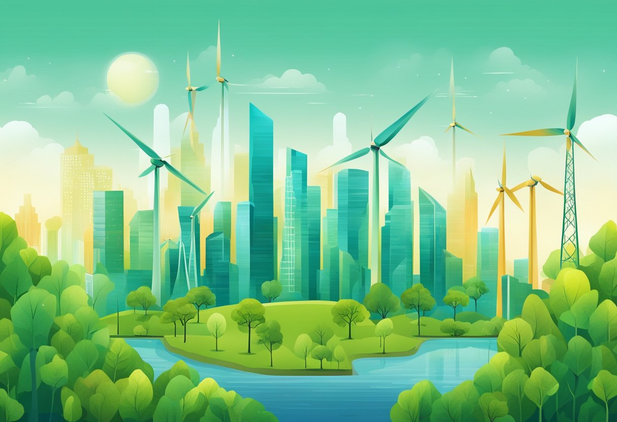 A vibrant city skyline with renewable energy sources and green spaces, symbolizing sustainability efforts and environmental consciousness