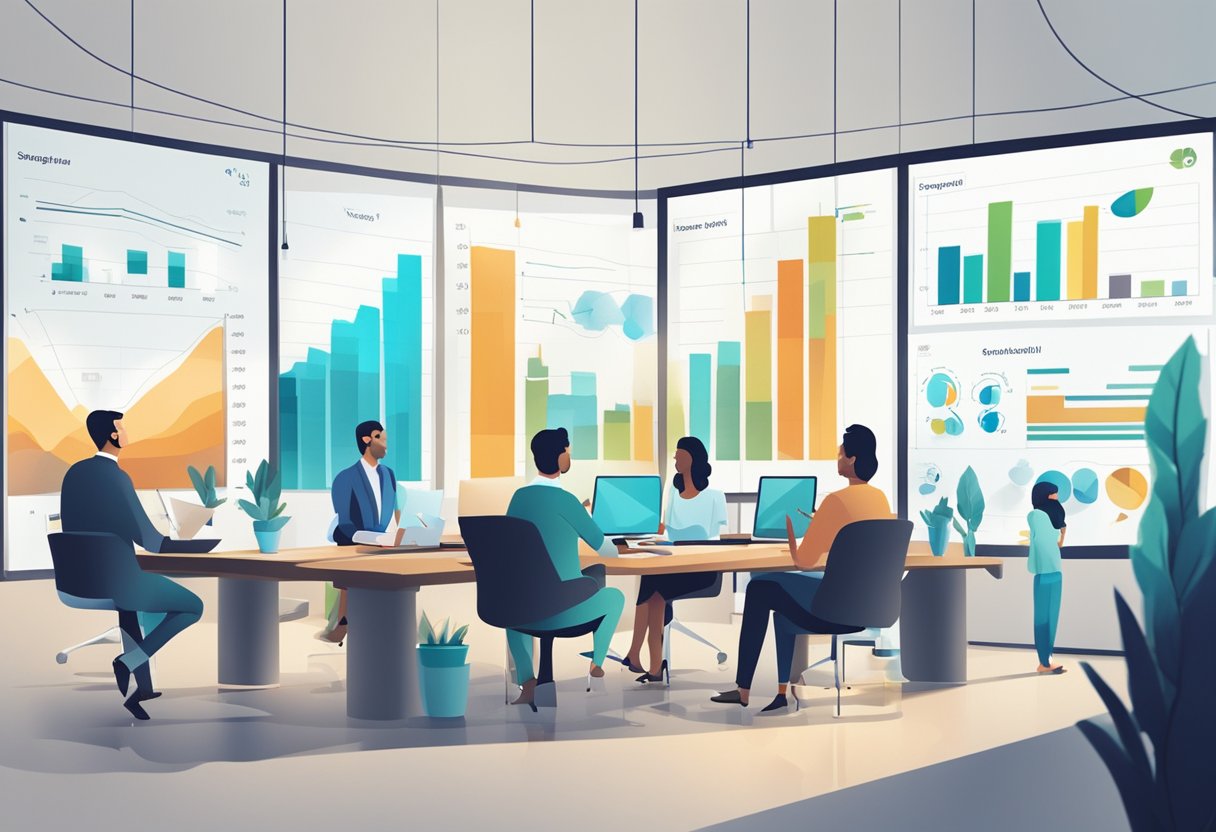 A group of people discussing sustainability issues in a modern office setting, with charts and graphs displayed on a large screen