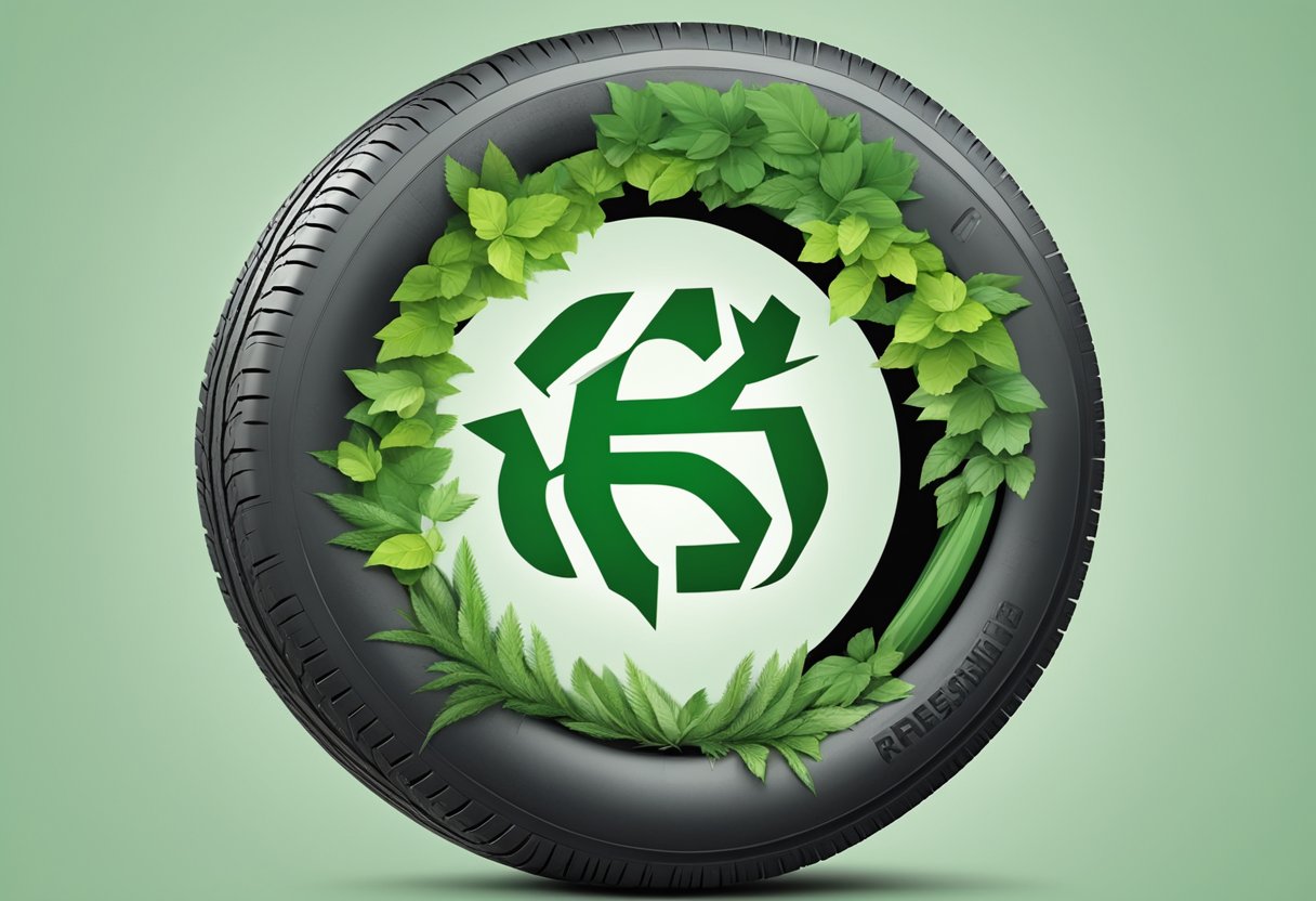 A tire with sustainability symbols embedded in the tread, surrounded by green leaves and a recycling symbol