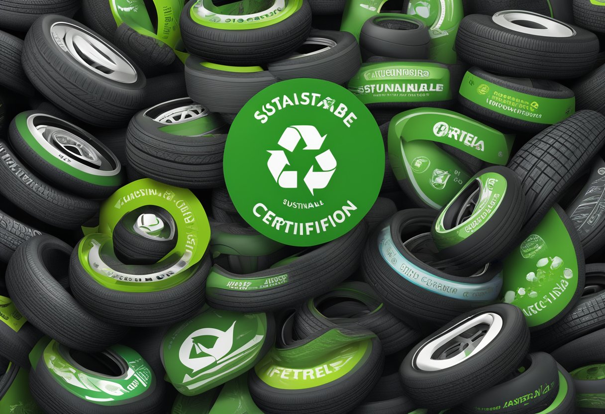 A pile of eco-labeled, sustainable tires with green certification logos, surrounded by environmental criteria symbols