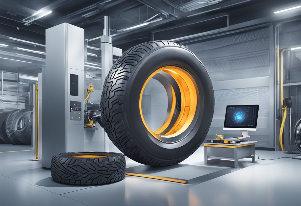 A futuristic tire being tested in a high-tech laboratory, surrounded by advanced machinery and innovative materials