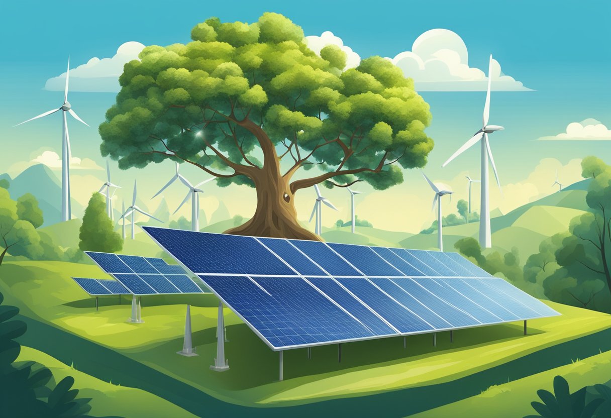 A tree surrounded by various forms of renewable energy sources, such as solar panels and wind turbines, with a clear blue sky in the background