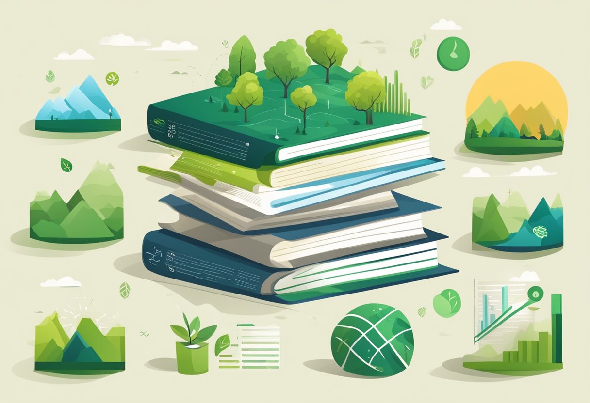 A stack of sustainability reports with charts and graphs, surrounded by nature and eco-friendly symbols