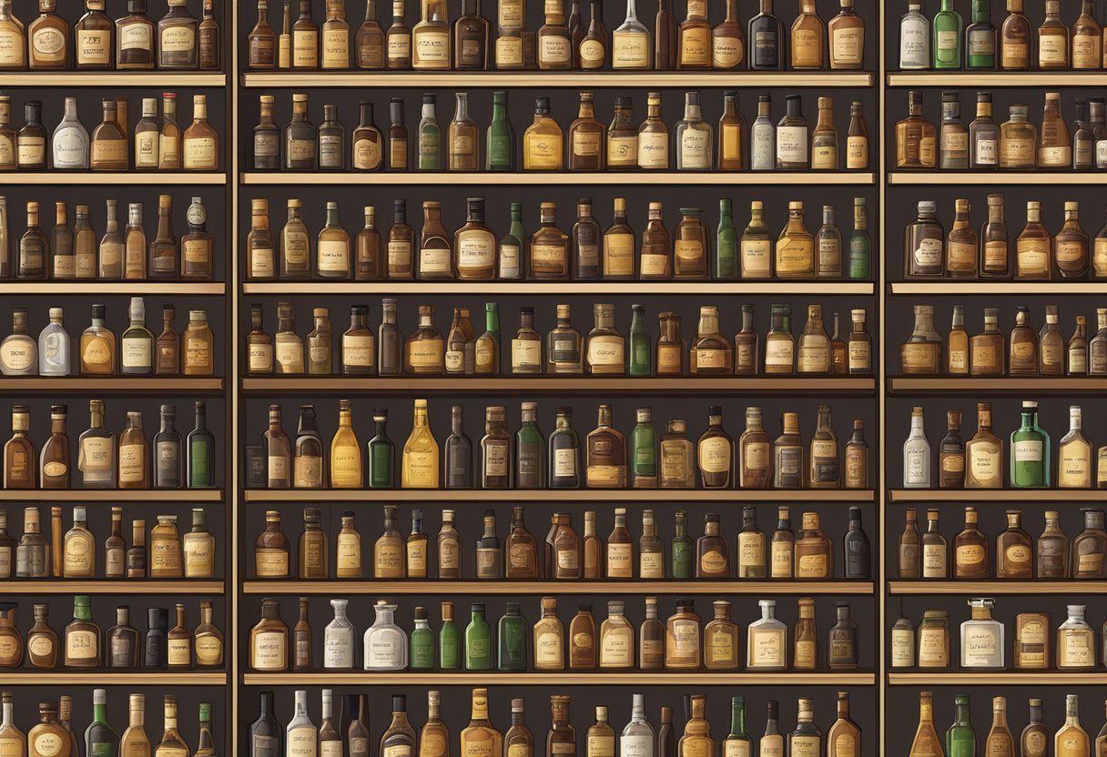 A shelf filled with unopened whiskey bottles, neatly organized and labeled for storage