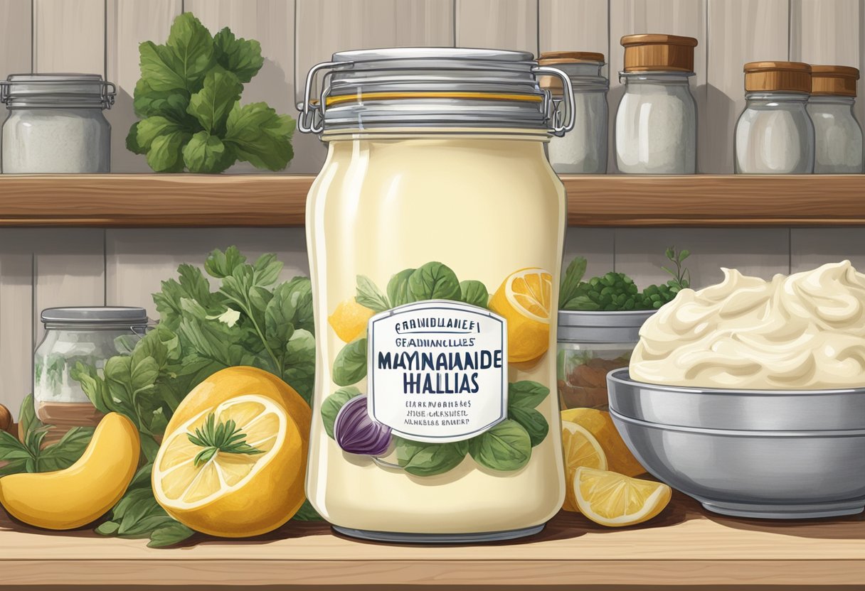 A jar of mayonnaise sits on a shelf, labeled with "Grundläggande om Majonnäs hållbarhet." The creamy condiment is surrounded by fresh ingredients and a bright, clean kitchen