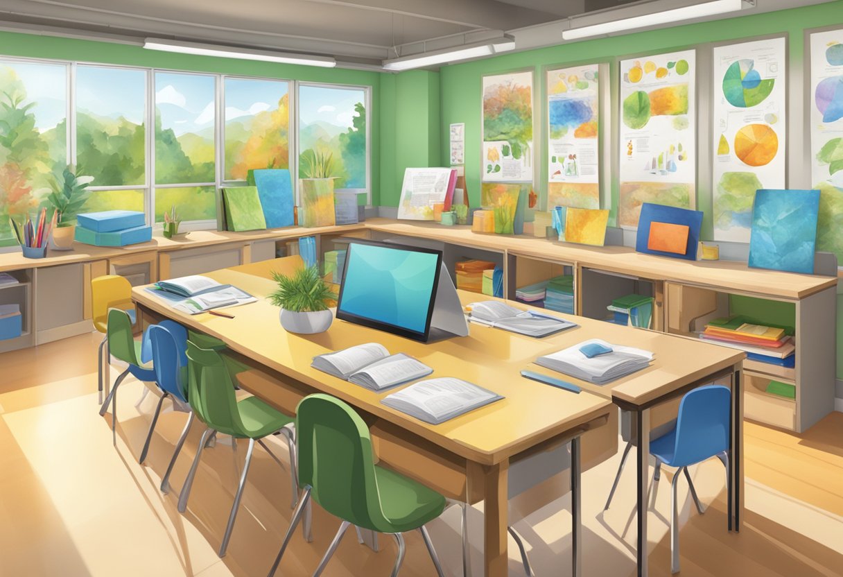 A vibrant classroom with diverse sustainability teaching materials on display