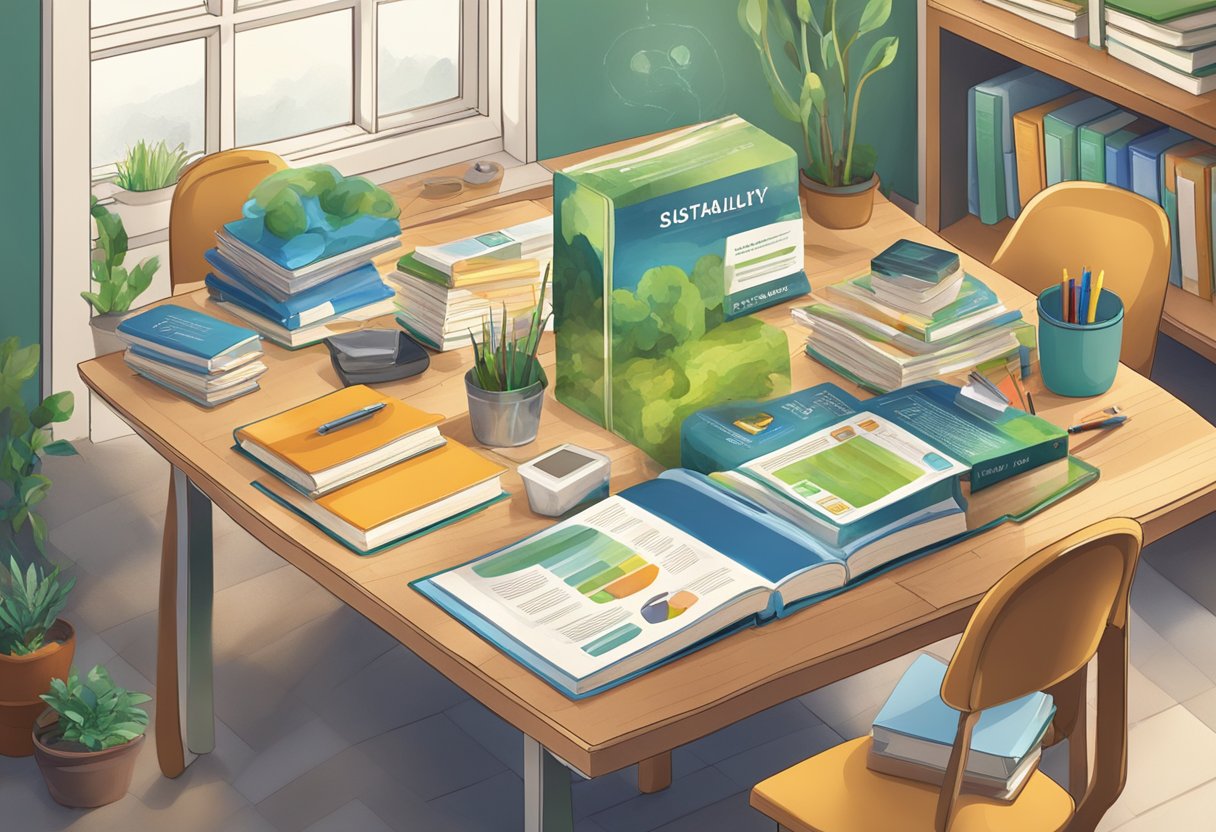 A table with various sustainability-related teaching materials and tools. Books, posters, and digital resources are neatly organized for educational use