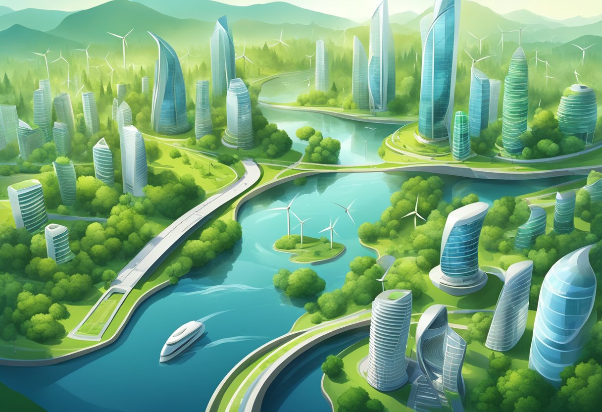 A futuristic cityscape with sustainable buildings and renewable energy sources, surrounded by lush greenery and clean, flowing waterways