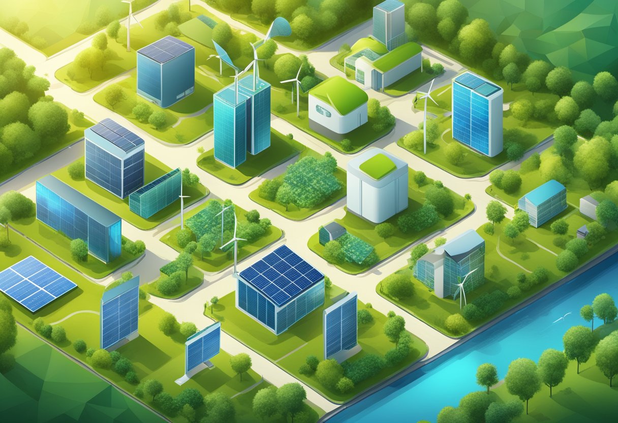 A network of interconnected digital devices powered by renewable energy sources, surrounded by greenery and sustainable infrastructure