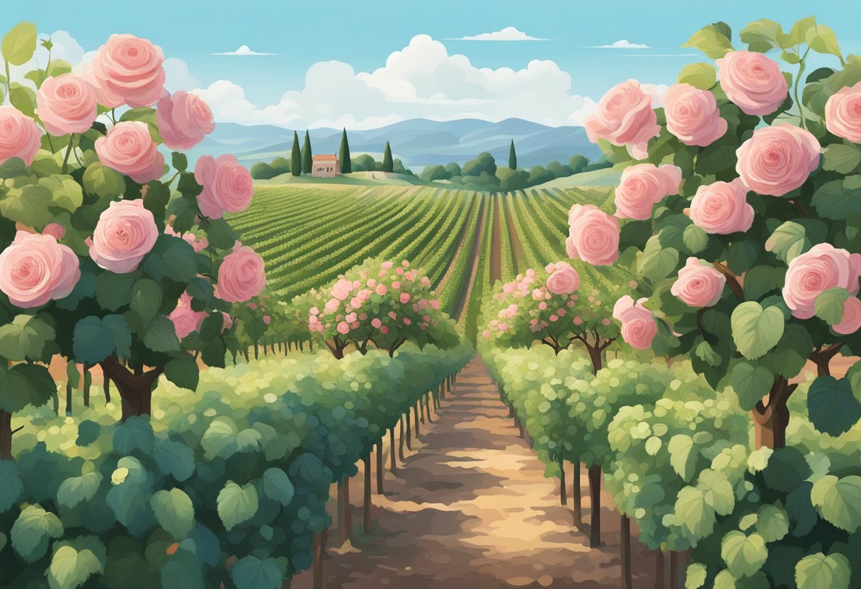 A vineyard with rows of rose bushes, surrounded by lush greenery and a clear blue sky, showcasing the sustainable practices of rosé wine production