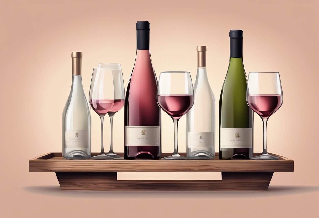 A shelf with neatly arranged bottles of rose wine, accompanied by elegant wine glasses and a rustic wooden serving tray