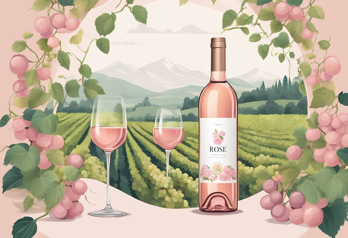 A bottle of rosé wine surrounded by sustainable elements like vines, grapes, and eco-friendly packaging