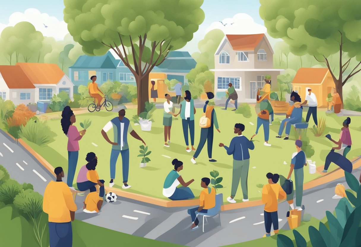 A diverse community working together to create a sustainable environment, with people engaging in activities that promote social well-being and harmony