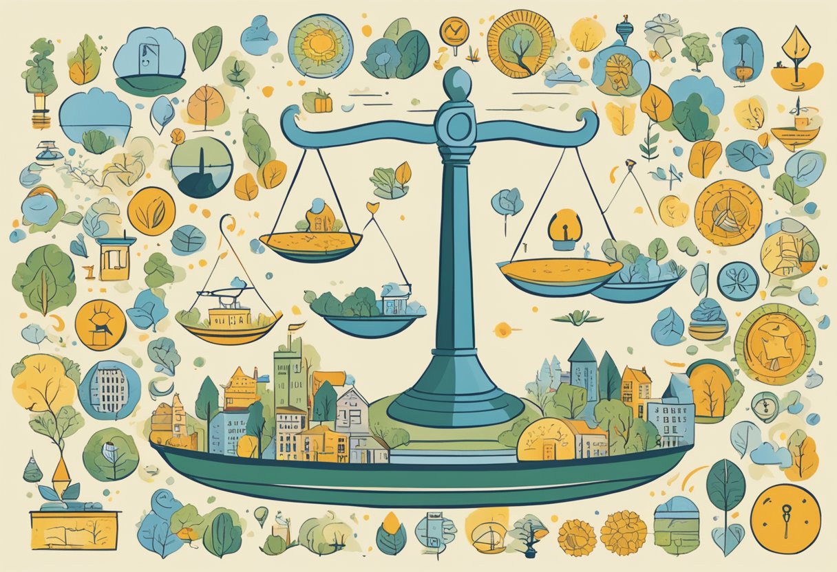 A scale measuring social sustainability, surrounded by diverse symbols representing community, equality, and well-being