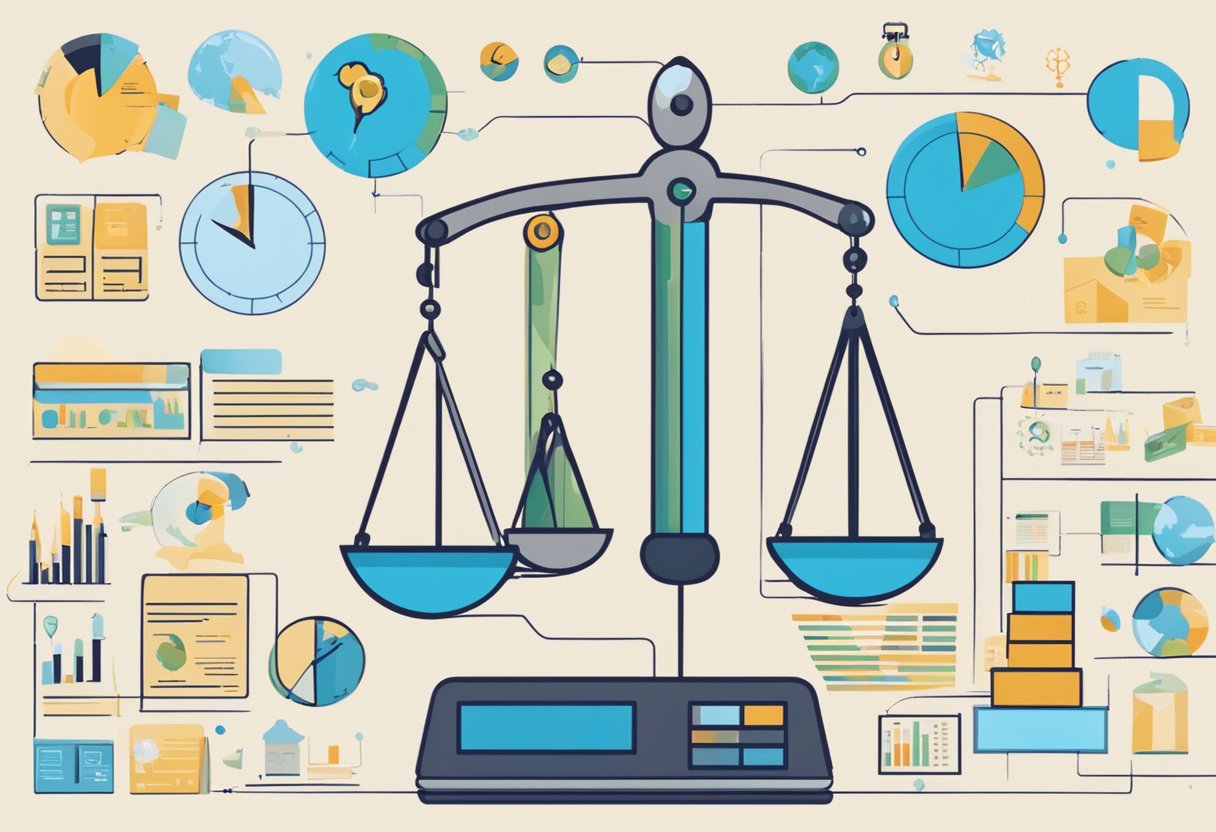 A scale weighing social sustainability actions, surrounded by measuring tools and data charts, symbolizing the assessment and implementation process