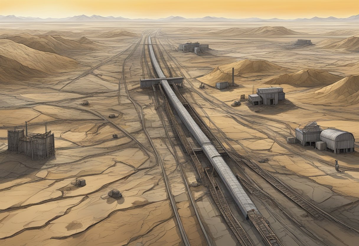 A desolate landscape with crumbling infrastructure and barren land, symbolizing weak sustainability in both environmental and economic dimensions