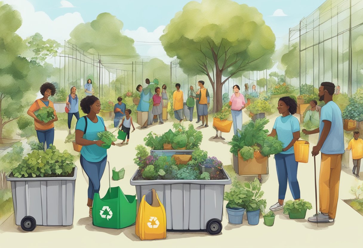 A diverse group of people engaging in sustainable practices, such as recycling, gardening, and community events, to address social and cultural aspects of weak sustainability