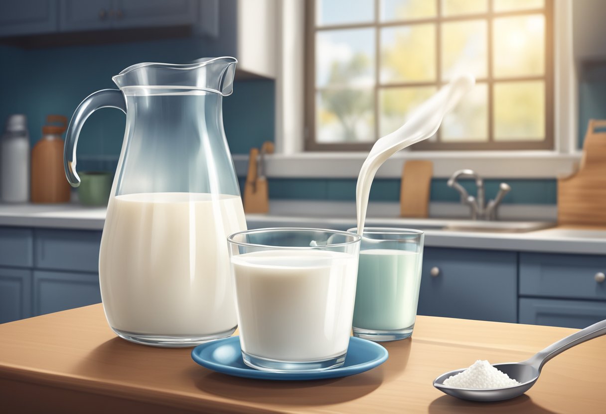 A carton of lactose-free milk sitting on a kitchen counter, with a glass of milk next to it and a spoonful of sugar being poured into the glass