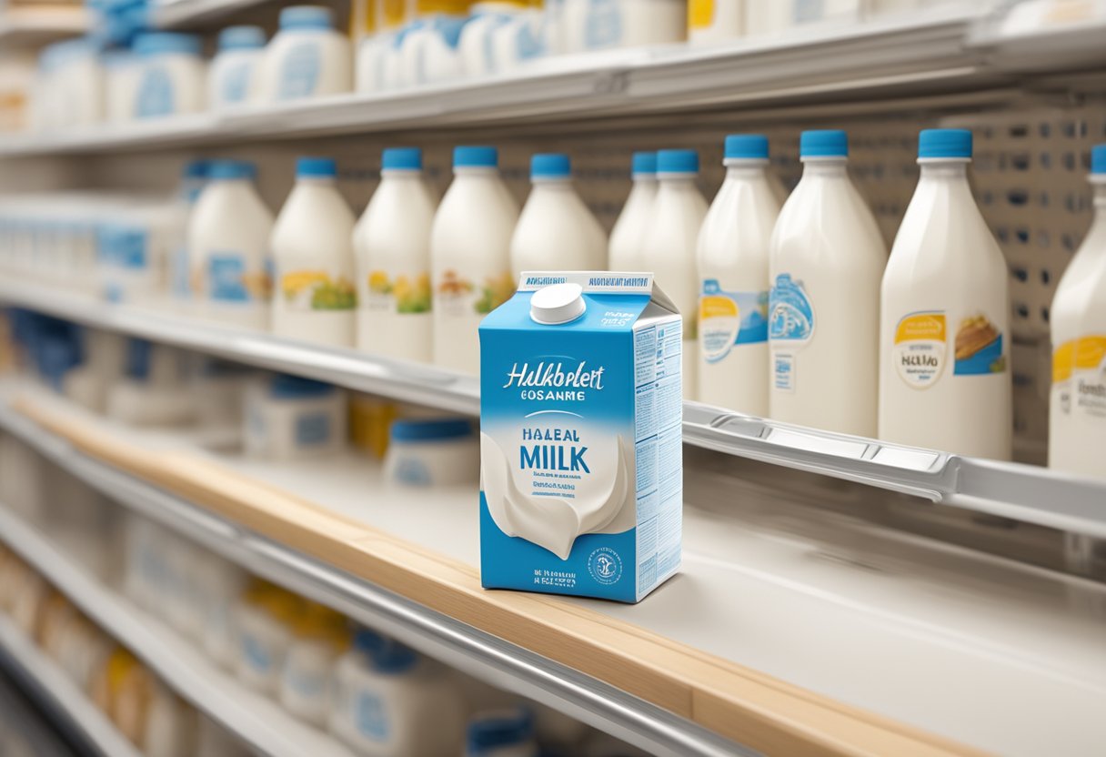 A carton of lactose-free milk sits on a shelf, labeled with "Hållbarhet och förvaring" (shelf life and storage) in Swedish