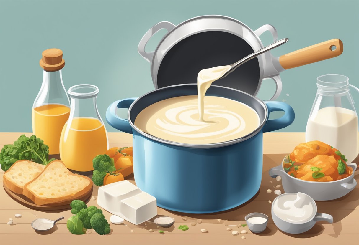 A carton of lactose-free milk being poured into a pot of simmering soup, with various cooking utensils and ingredients scattered around the kitchen counter