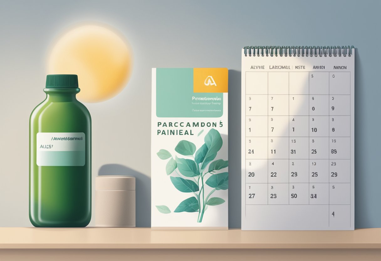 A bottle of Alvedon with its active ingredient, paracetamol, displayed next to a calendar showing its expiration date