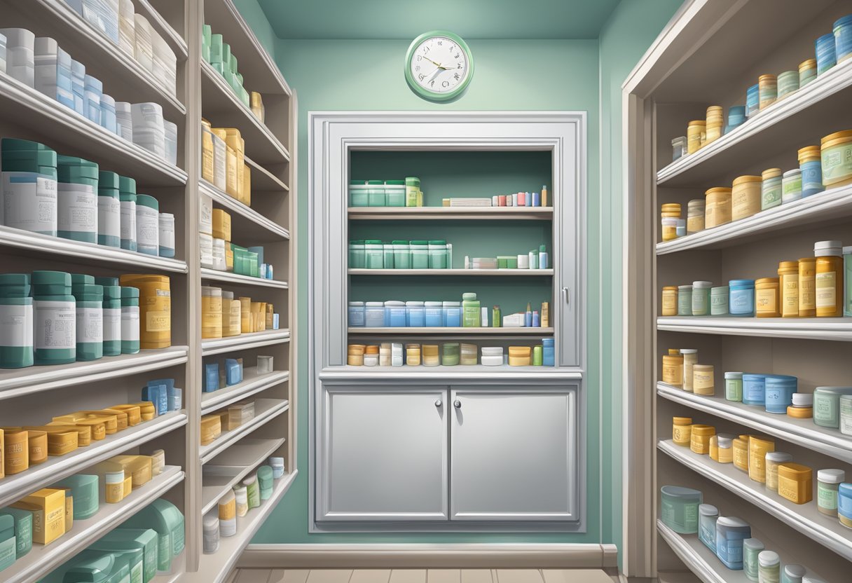 A shelf with a box of Alvedon tablets, next to a closed medicine cabinet