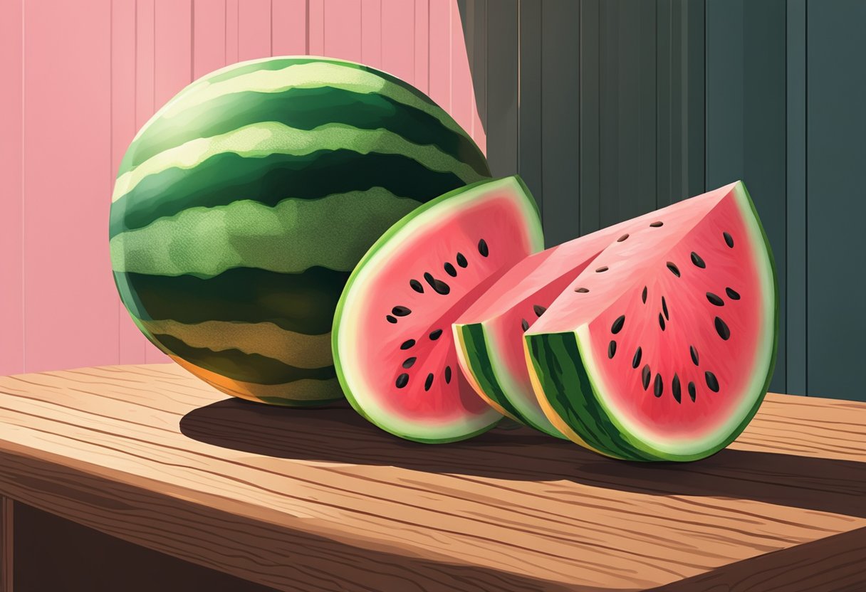 A ripe watermelon sits on a wooden table, its green and striped rind contrasting with the vibrant pink flesh inside. The sun shines through a nearby window, casting a warm glow on the fruit