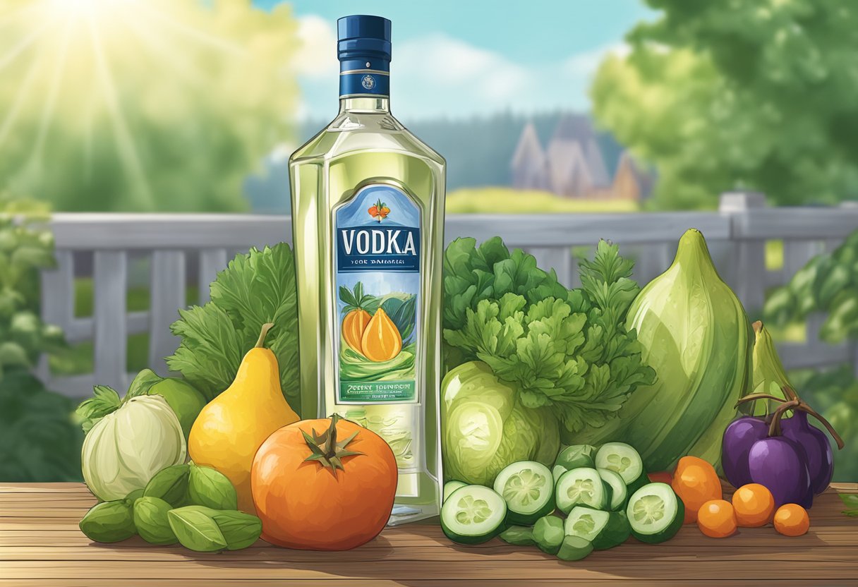 A bottle of vodka sits on a wooden table, surrounded by fresh produce and ingredients, highlighting the focus on sustainable sourcing and quality