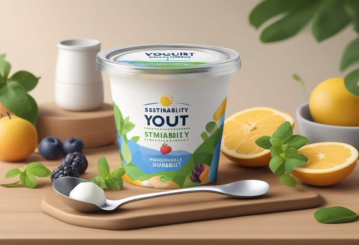 A container of yogurt sits on a wooden table, surrounded by fresh fruit and a reusable spoon. The label emphasizes sustainability