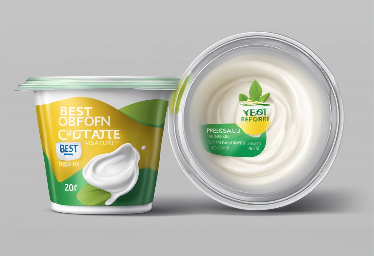 An open yogurt container with a best before date label