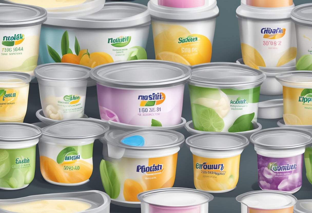 Various storage methods and yogurt flavors displayed with expiration dates